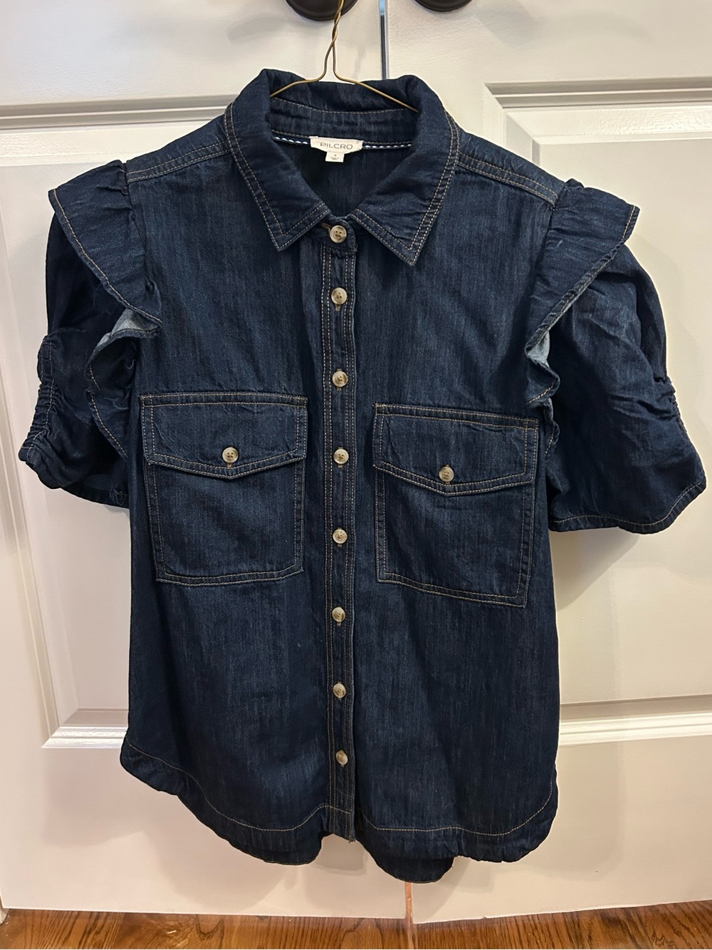 Pilcro Women’s Dark Blue Denim Ruffle Sleeve Button-Up - Picture 1 of 3